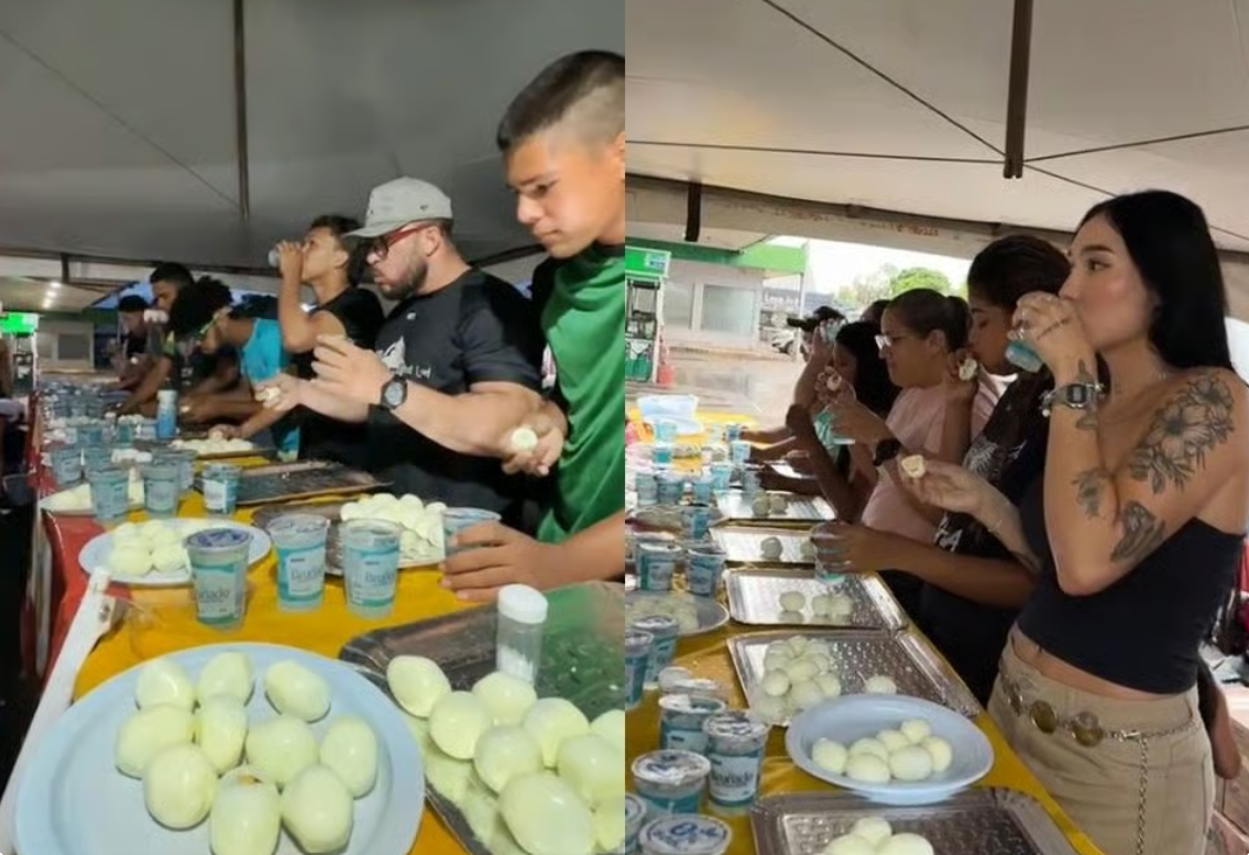 Competidores comendo ovos cozidos durante o Festival do Ovo