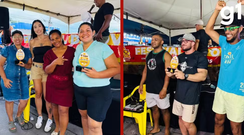 Vencedores do Festival do Ovo posando com os troféus